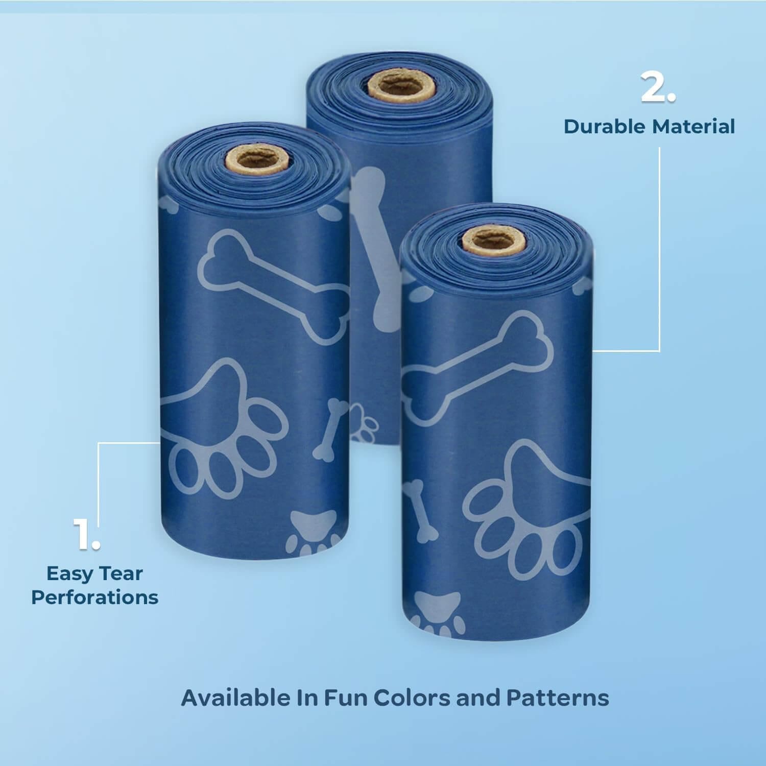 Three rolls of Best Pet Supplies durable, leak-proof blue dog poop bags for efficient waste cleanup