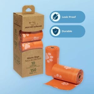 Convenient storage of 150 orange leak-proof dog poop bags in a compact pack