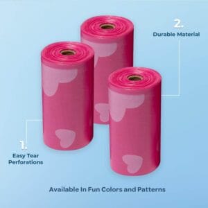 3 rolls of durable, pink leak-proof dog poop bags for reliable waste disposal