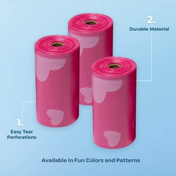 3 rolls of durable, pink leak-proof dog poop bags for reliable waste disposal