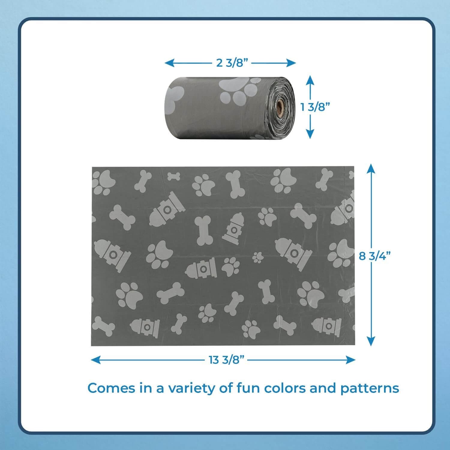 Measuring the size of Best Pet Supplies gray leak-proof dog poop bags to ensure an ideal fit for waste disposal