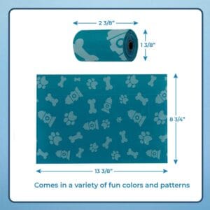 Measuring the size of Best Pet Supplies turquoise (green) leak-proof dog poop bags to ensure the ideal fit for waste disposal