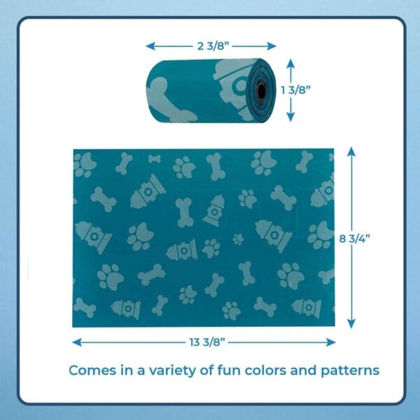 Measuring the size of Best Pet Supplies turquoise (green) leak-proof dog poop bags to ensure the ideal fit for waste disposal