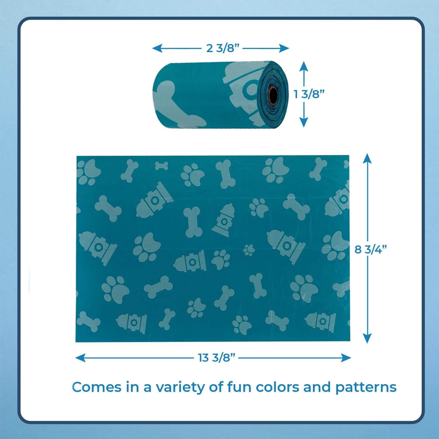 Measuring the size of Best Pet Supplies turquoise (green) leak-proof dog poop bags to ensure the ideal fit for waste disposal