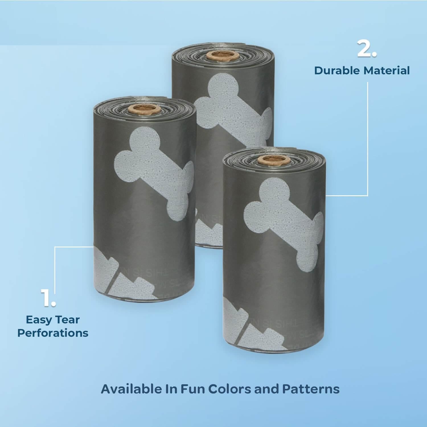 Three rolls of Best Pet Supplies tough, leak-proof gray dog poop bags for efficient waste cleanup.