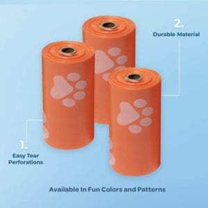 Three rolls of durable, leak-proof orange dog poop bags for convenient use.