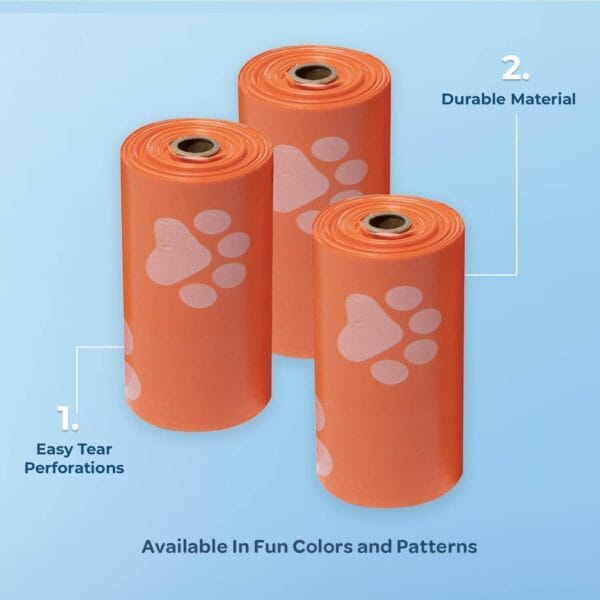 Three rolls of durable, leak-proof orange dog poop bags for convenient use.