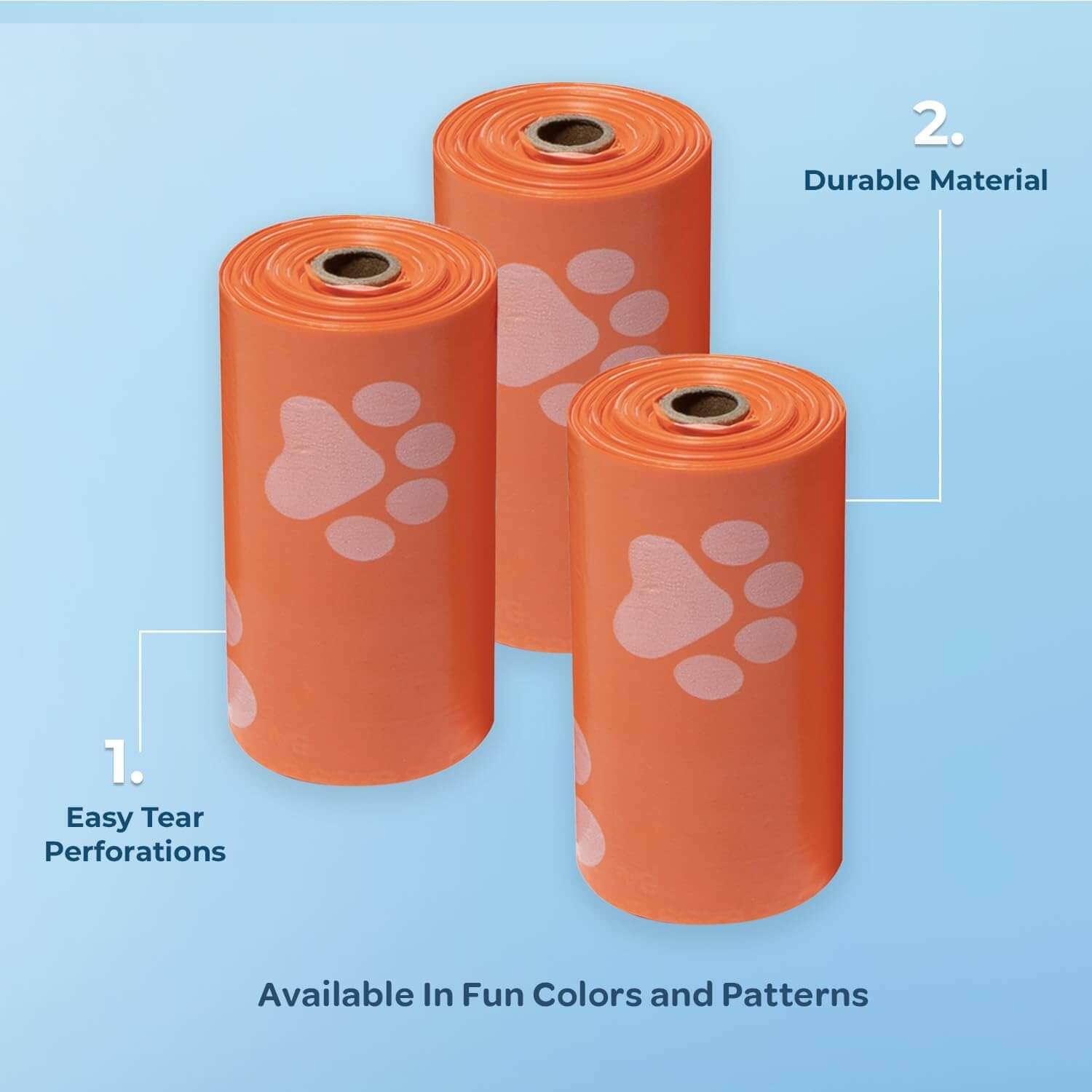 Three rolls of durable, leak-proof orange dog poop bags for convenient use.
