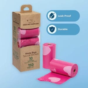 150 rolls of pink dog poop bags in a compact package for easy storage