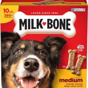 Milk-Bone Dog Treats Biscuits 10 lb box with crunchy treats for medium dogs, promoting dental health and enriched with vitamins.