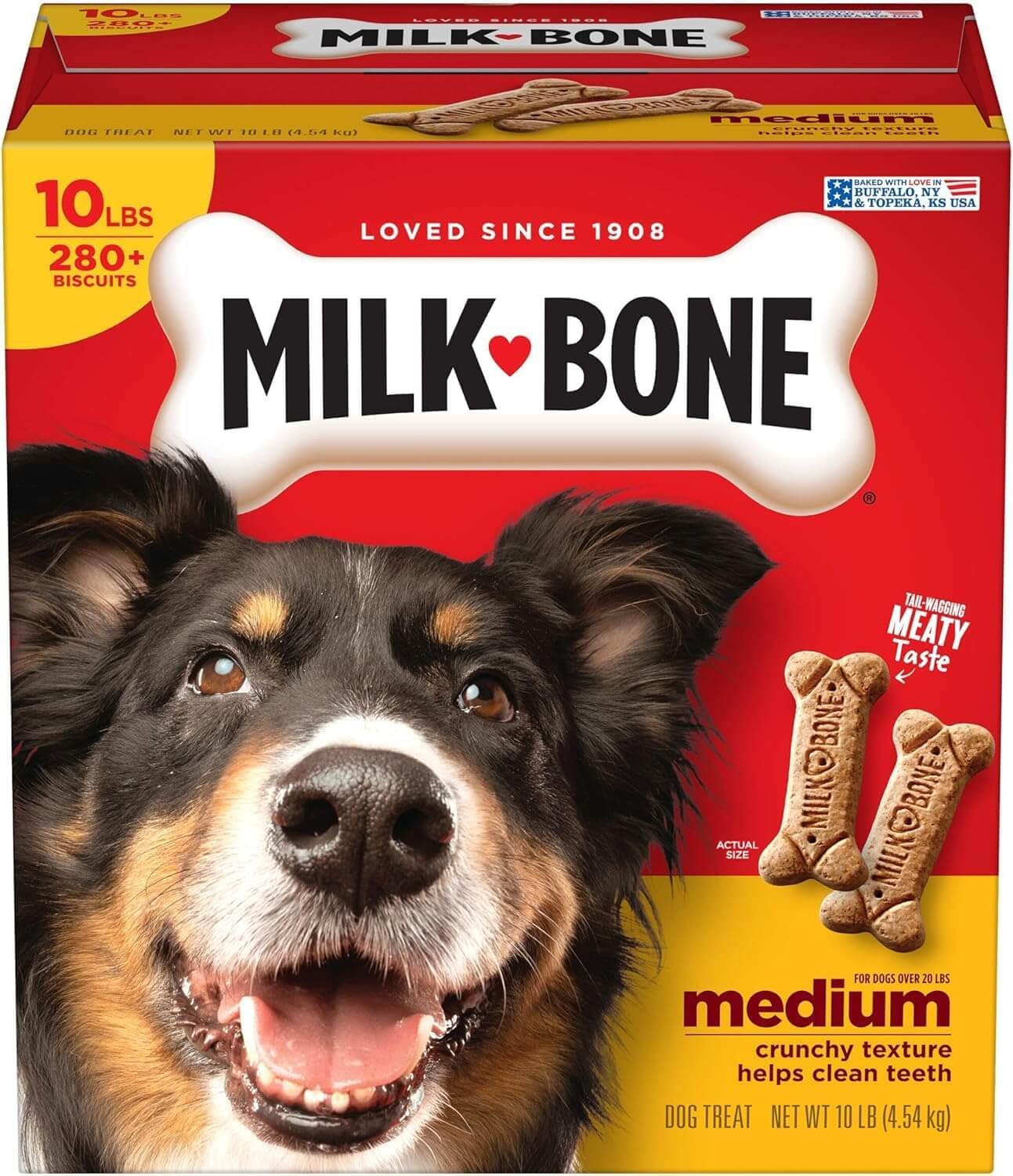 Milk-Bone Dog Treats Biscuits 10 lb box with crunchy treats for medium dogs, promoting dental health and enriched with vitamins.