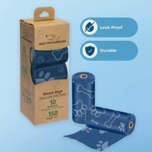 Leak-proof blue dog poop bags from Best Pet Supplies in a 150-roll pack for simple storage and use