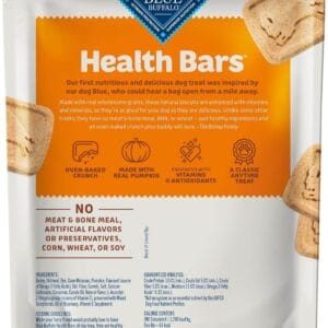 Blue Buffalo Health Bars crunchy dog biscuits featuring wholesome pumpkin and cinnamon flavor.