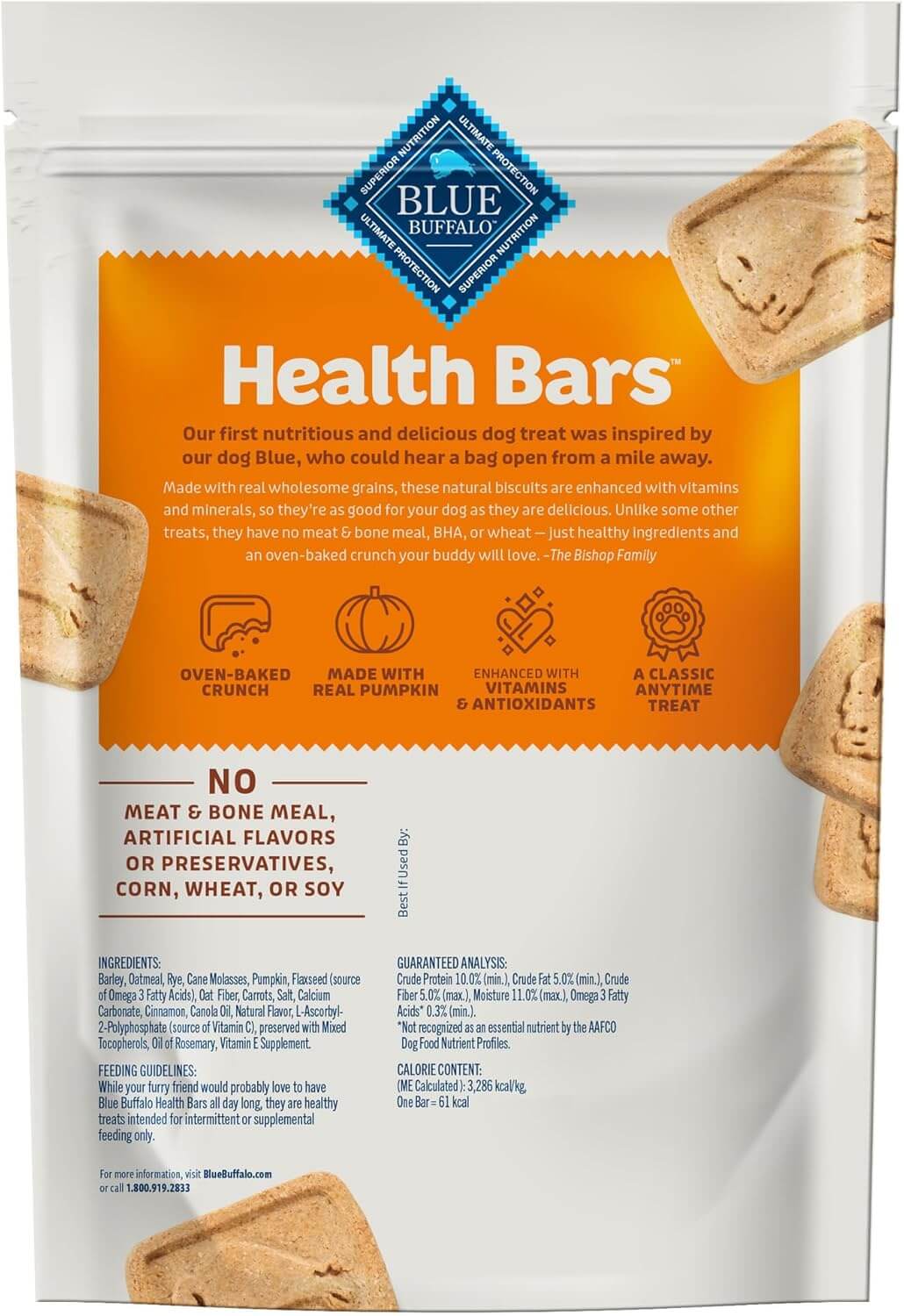 Blue Buffalo Health Bars crunchy dog biscuits featuring wholesome pumpkin and cinnamon flavor.
