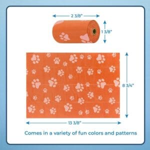 Measuring the size of Best Pet Supplies orange leak-proof dog poop bags for a perfect fit for waste disposal