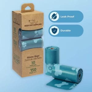 150 rolls of turquoise (green) leak-proof dog poop bags from Best Pet Supplies in compact, easy-to-store packaging