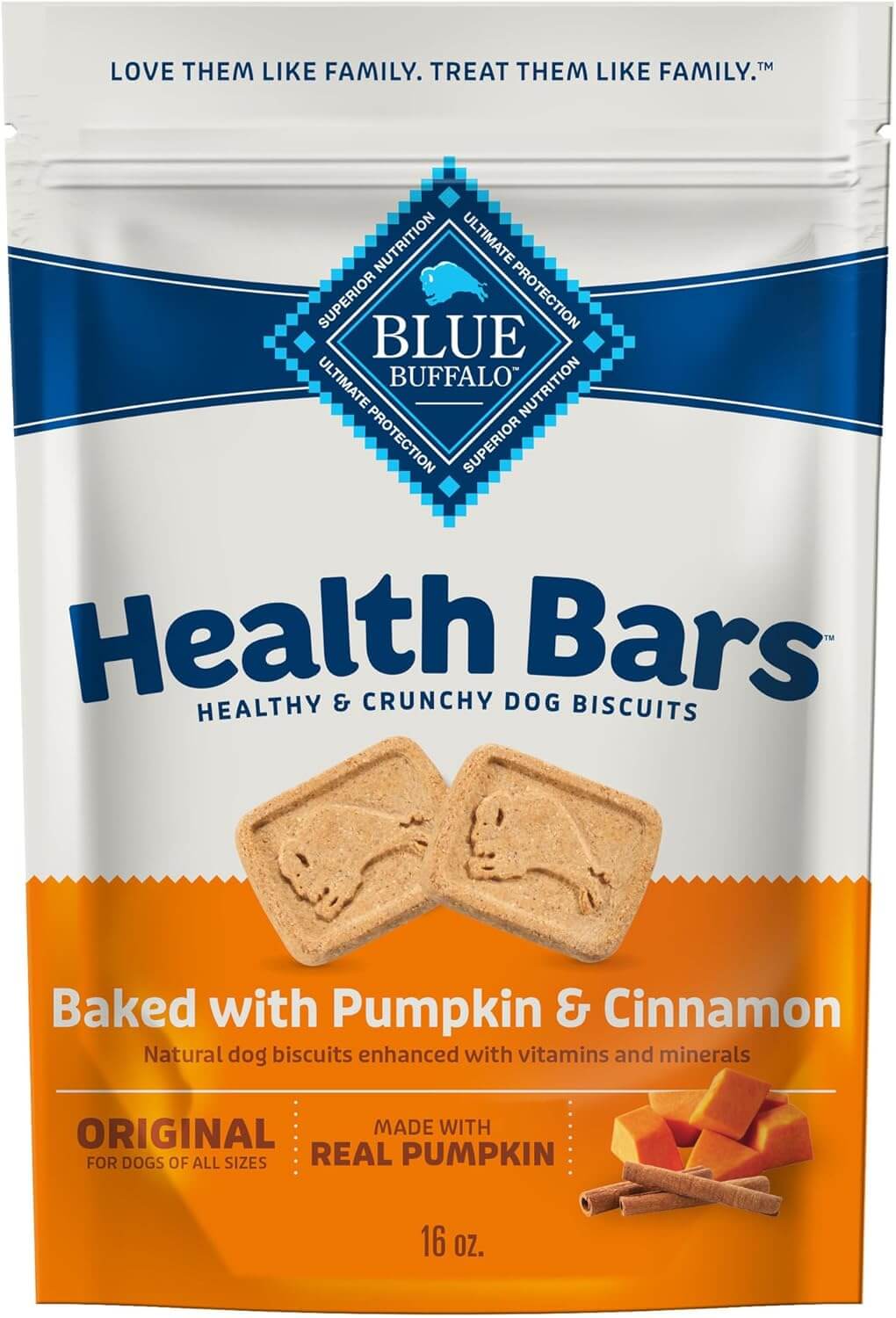 Health Bars Blue Buffalo Crunchy Dog Biscuits with Pumpkin & Cinnamon, 16 oz pack.