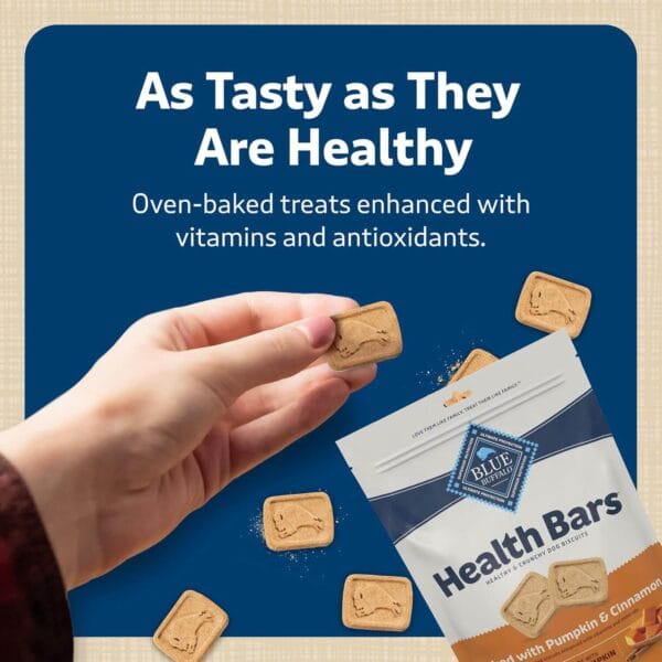 Natural Blue Buffalo Health Bars crunchy dog biscuits made with pumpkin and cinnamon.