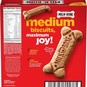 Close-up of Milk-Bone Dog Treats Biscuits, a tasty and nutritious dog treat, perfect for medium and large dogs with added vitamins.