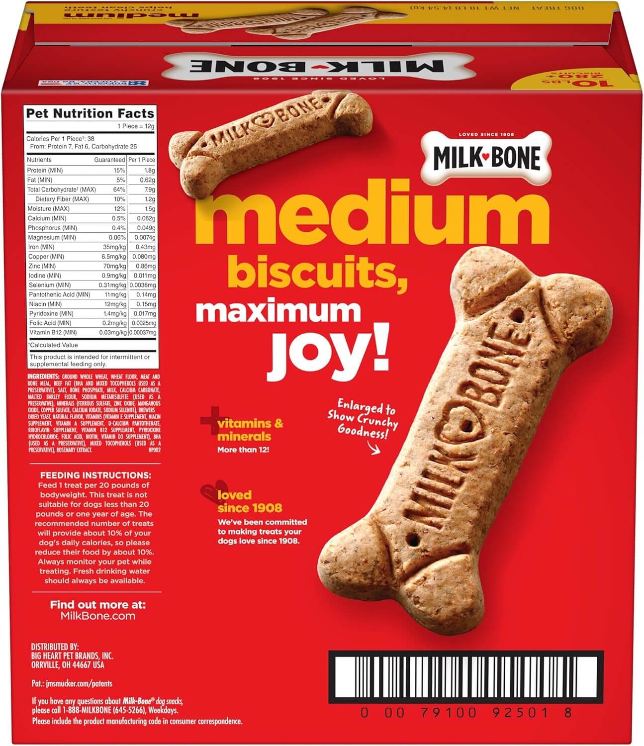 Close-up of Milk-Bone Dog Treats Biscuits, a tasty and nutritious dog treat, perfect for medium and large dogs with added vitamins.